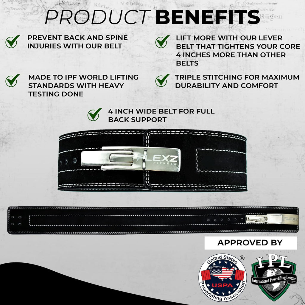 Flexz Fitness Lever Weight Lifting Belt Leather - 10MM 13MM Powerlifting Gym Belts for Men & Women - Lower Back Support for Weightlifting Deadlifts Squats Heavy Duty IPF Bodybuilding